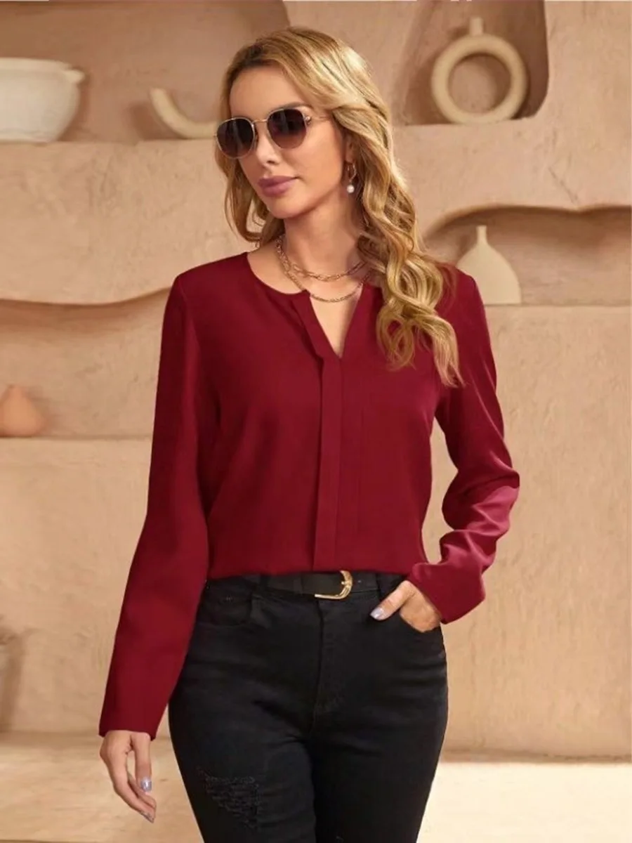 

Satin Long Sleeve Shirt Women Loose Blouse V Neck Elegant Ladies Office Shirts Solid Color Fashion Tops Spring Summer Autumn