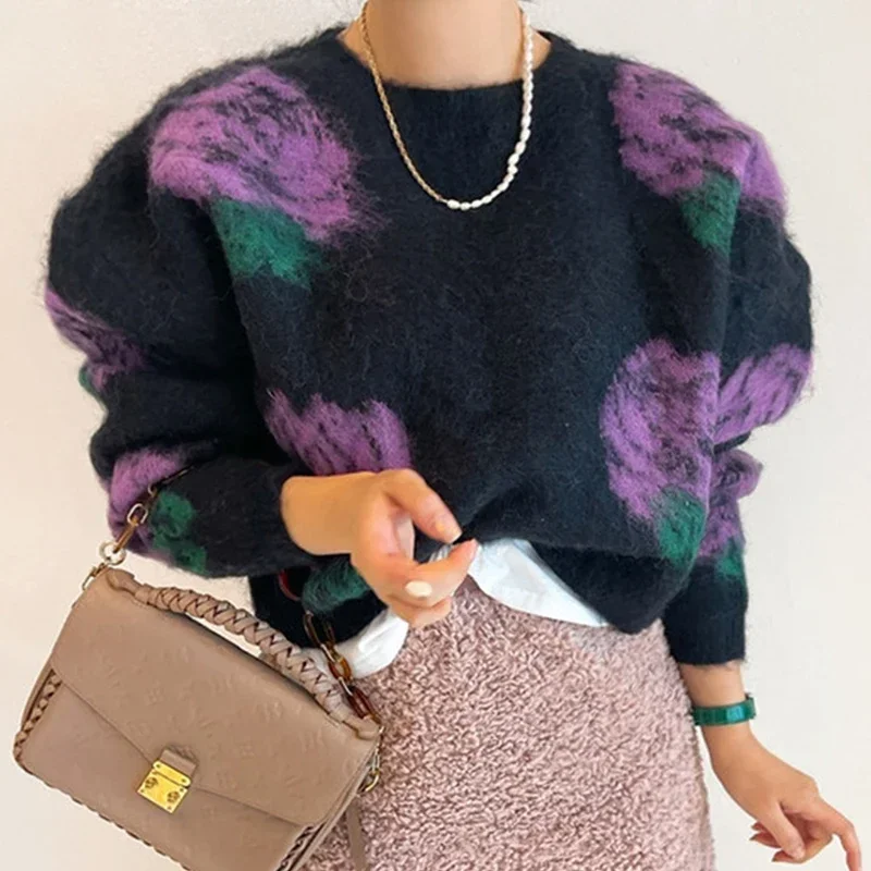 Thick Pullovers Mohair Flower Sweater Jumper Sueter Mujer Autumn Winter Oversized  Women Chic Fashion Knit Coat Top