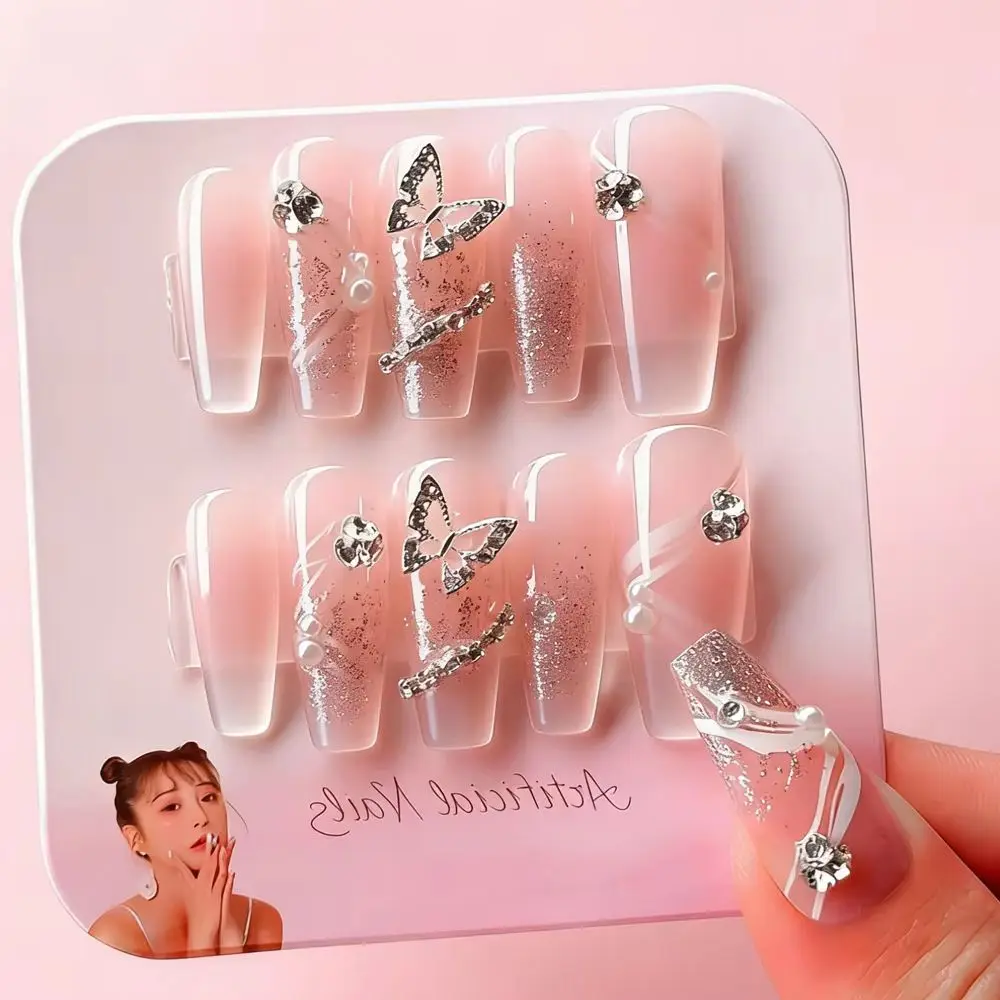24pcs Long Almond Nude Pink Gradient Fake Nails Luxury Glitt