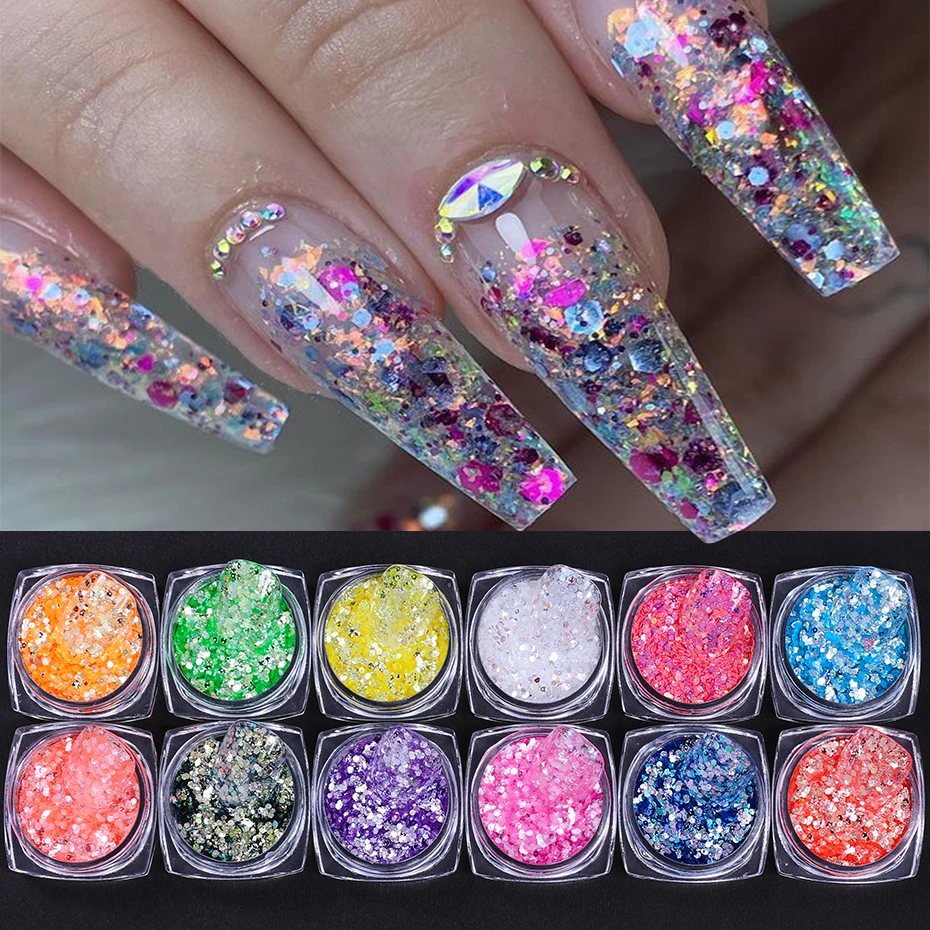12 ألوان المجسم سداسية مسمار بريق الترتر رقائق البريق الصغيرة شرائح سبانجلز مانيكير اكسسوارات الديكور مستلزمات الأظافر