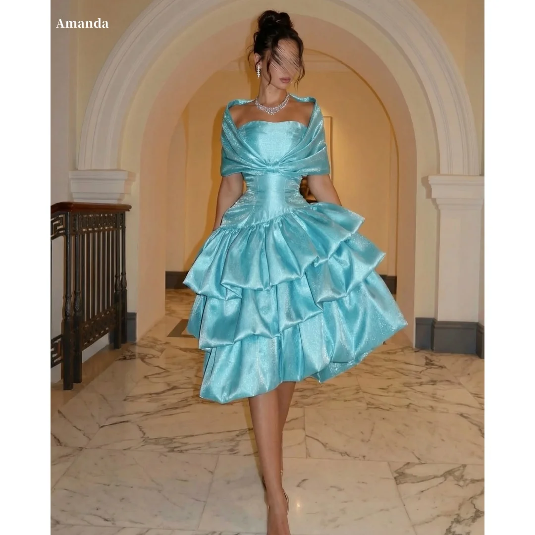Amanda Customized Turquoise Off Shoulder Prom Dress vestidos de noche Formal Evening Satin Ruffle Tiered Midi Gown For Women