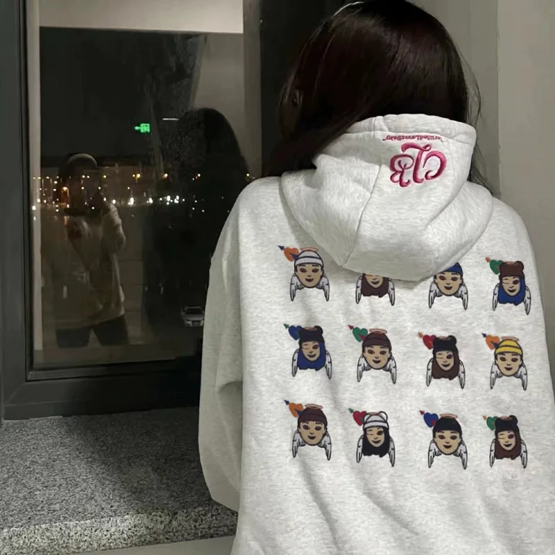 Angel Embroidery Oversize Hoodie Women's Autumn Winter Thiened Fce Lazy Sle Outerwear Casual Streetwear Polyester Cott...
