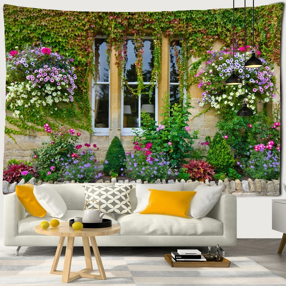 Garden Windowsill Flowers landscape Wall Hanging Idyllic Scenery Tapestry Wall Cloth Beach Mat Flower Blanket Home Decoration