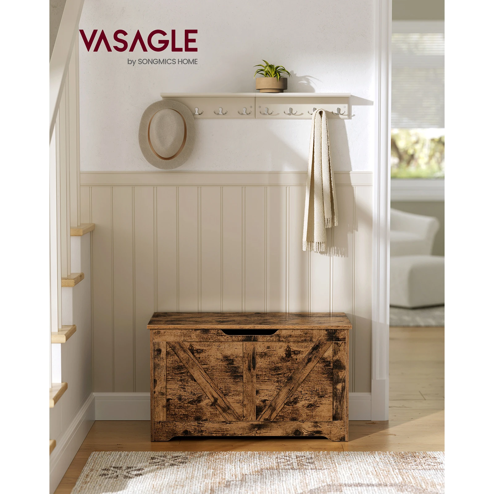 VASAGLE Farmhouse Style Storage Chest/Bench with 2 Safety Hinges. Shoe Storage. 40x80x46 cm.Hallway/Bedroom/Living Room.