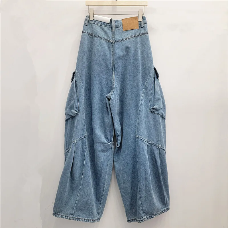 ANJY Autumn Winter New Women American Fashion Washed Multi-Pocket Cargo Jeans Trendy Loose Chic Tide Wide-Leg Denim Pants A16380