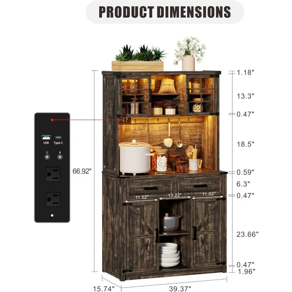 Bar Cabinet with LED Lights & Power Outlets, Large Kitchen Buffet with Hutch & 2 Large Drawers, 8 Storage Shelves