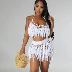 European and American 2024 New Urban Sexy See-through Knitted Hand Crochet Tassel Beach Shorts Suit for Women