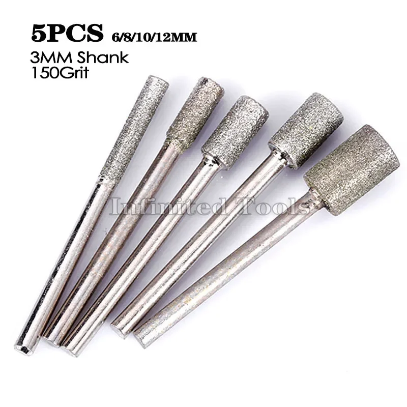 5szt150Grit 3mm Shank Cylinder Diamentowy frez szlifierski Kamień Jadeit Rzeźba Szlifowanie Grawerowanie Wiertło Dremel Narzędzia obrotowe