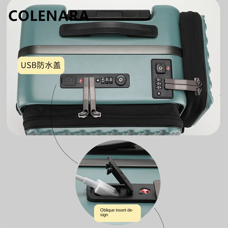COLENARA Cabin Luggage PC Front Opening Boarding Box USB Charging Trolley Case Zipper Password Box with Wheels Rolling Suitcase