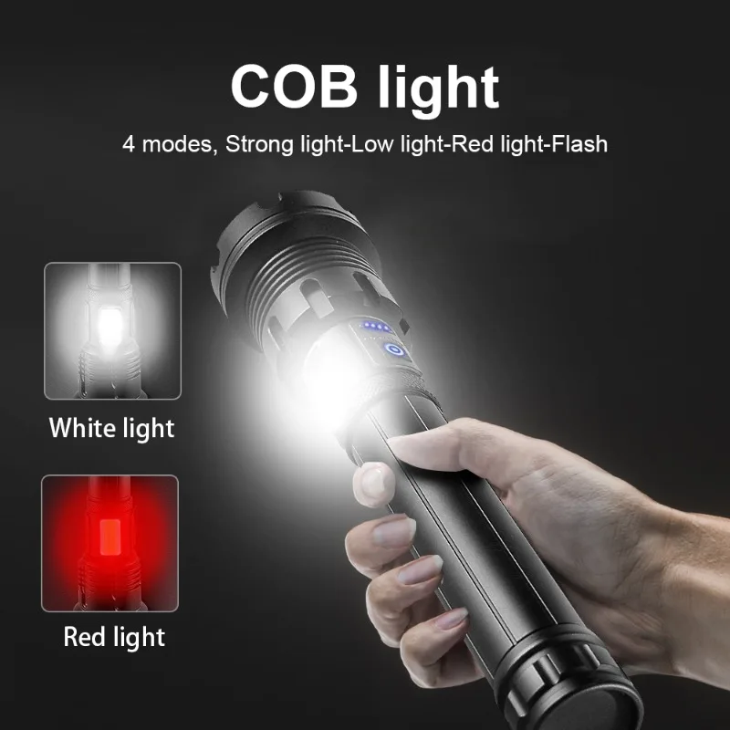 USB Rechargeable XHP90.2 COB Powerful Tactical LED Flashlight Zoom Torch Light 26650 Battery Touch Switch Flashlights