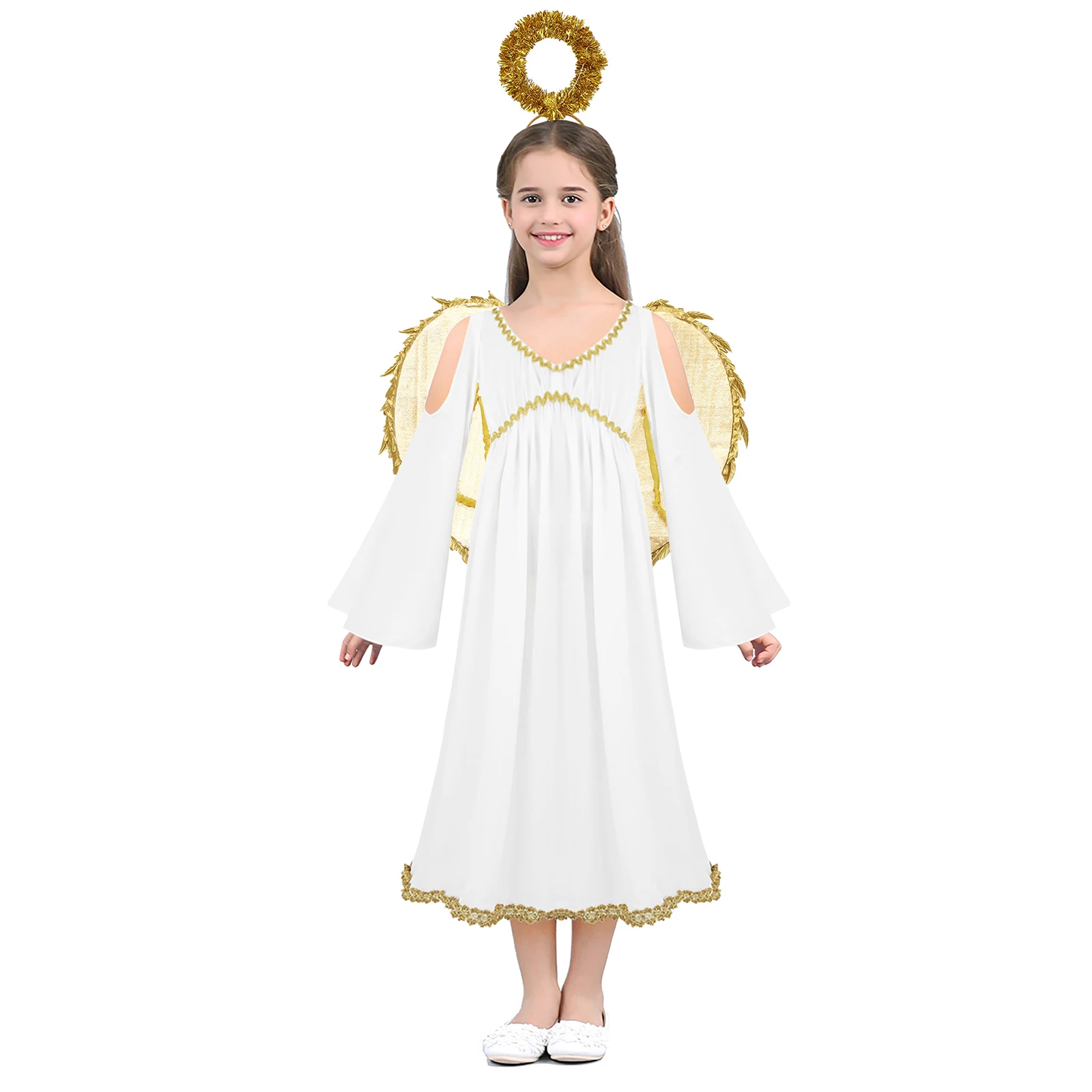 Robe de princesse ange à manches longues pour filles, garniture dorée, olympiques de fête, communion, baptême, enfants