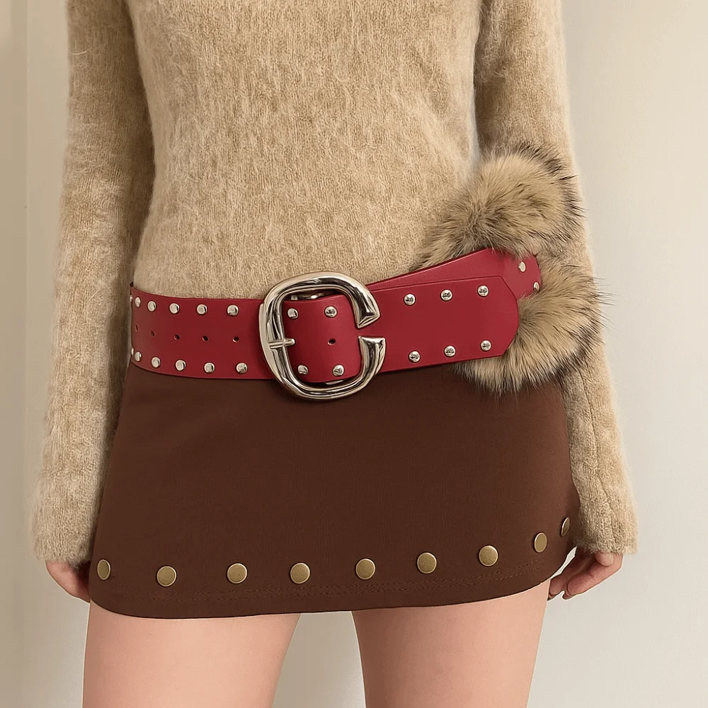 

Simple Rivet Leather Fur Belt Faux Fur Punk Y2K Waistband Jeans Decor Versatile Plush Belt Daily