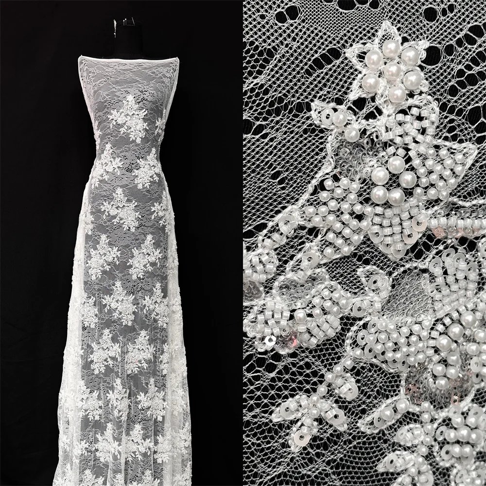 

African High-End Soft Beaded Lace Fabric French Sequins Embroidered Lace Women's Fashion Evening Gown Party Sewing
