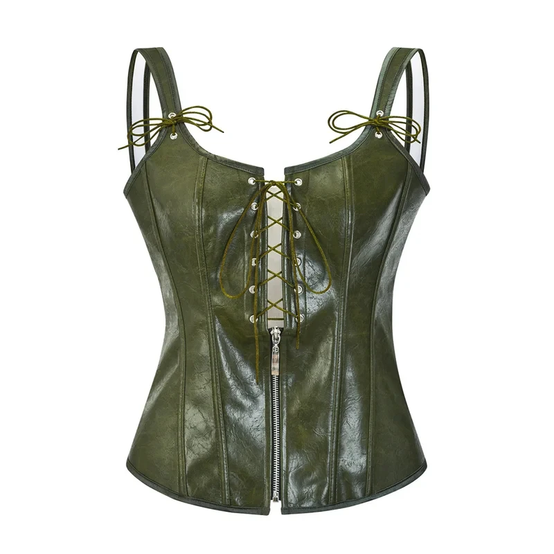 

Green Leather Zipper Overbust Vintage Lace Up Corset Vest Women Gothic Clothing Steampunk Bustier Top Sexy Corselet Feminino