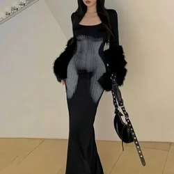 Grunge Punk See Through Womens Dresses Slim Elastic Sexy Harajuku Fashion Streetwear Clothing Party Elegant Evening Long Dresses