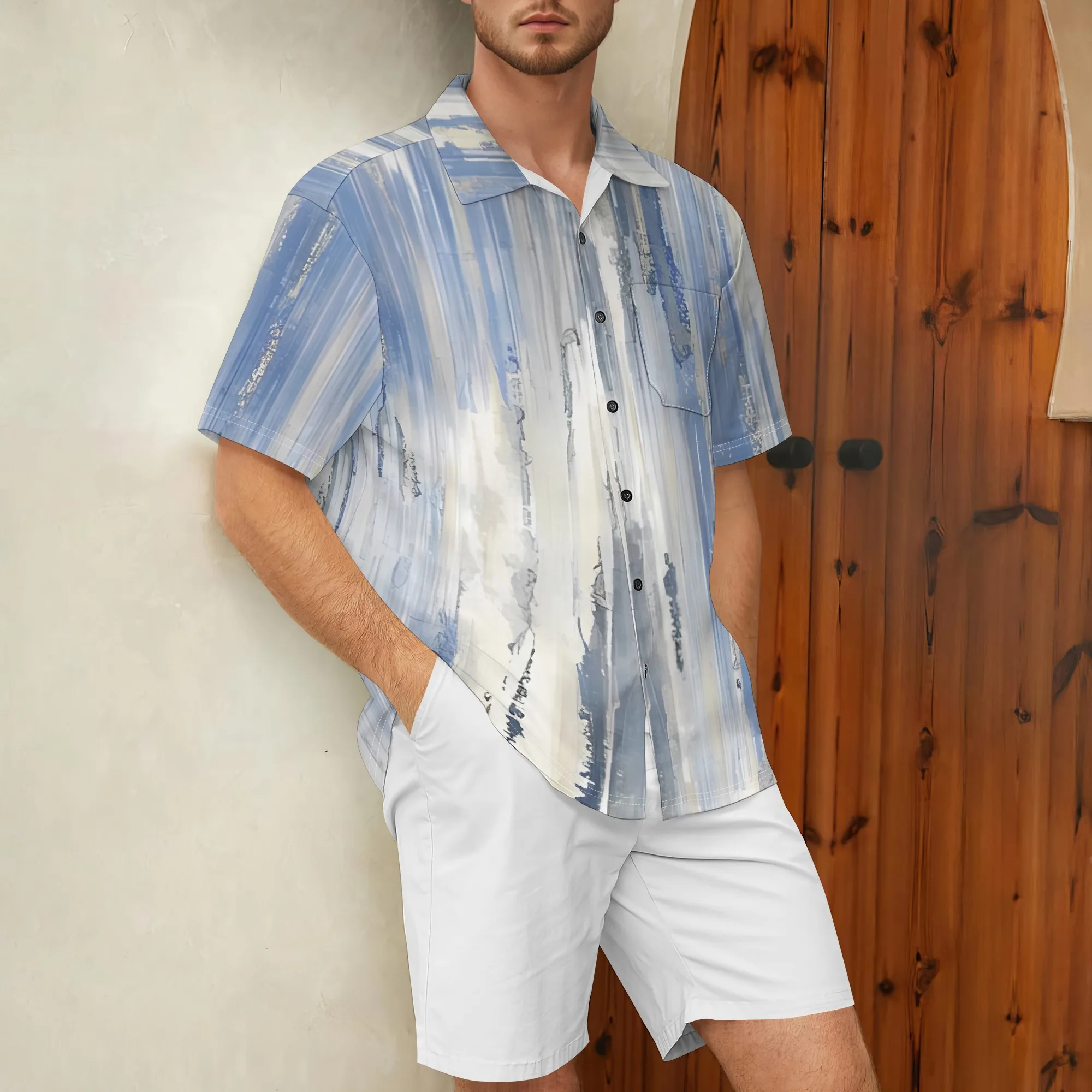 YEAE Wave Stripe Print Shirt for Men Summer Casual Short Sleeve Top