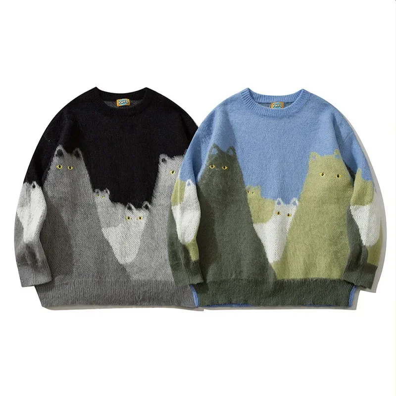 

Spring Men Funny Knitted Cat Embroidery Sweater Autumn Fashion Loose All-Match Pullover Male Long Sleeve Tops Clothes