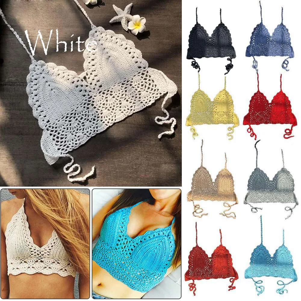 Seksowne damskie bikini krótki top szydełkowe Boho bikini na plażę Bralette Halter Cami dzianinowy biustonosz podkoszulek