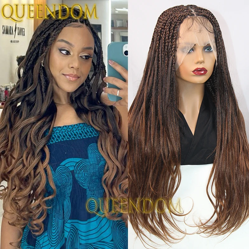 28 Inch Synthetic Braid Goddess Wig Ombre Brown Crochet Silky French Curl Cornrow Braided Wig Full Lace Box Braids Wig for Women