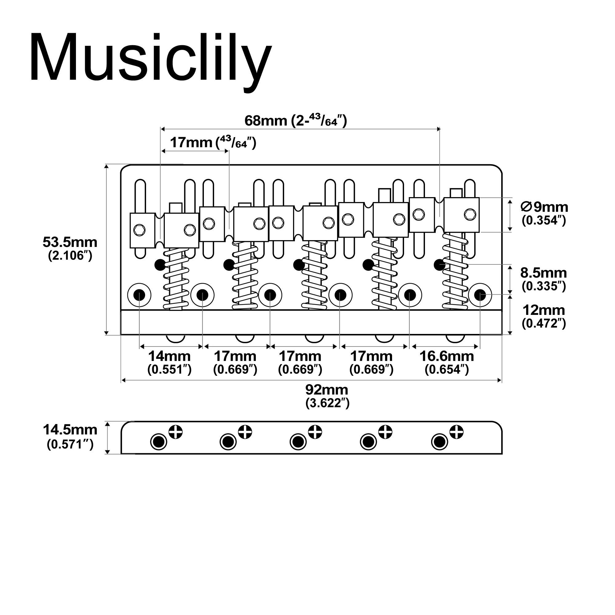 Musiclily Pro 17mm String Spacing Dual Load Heavy Duty 5-String Bass Bridge with Brass Saddle Steel Plate