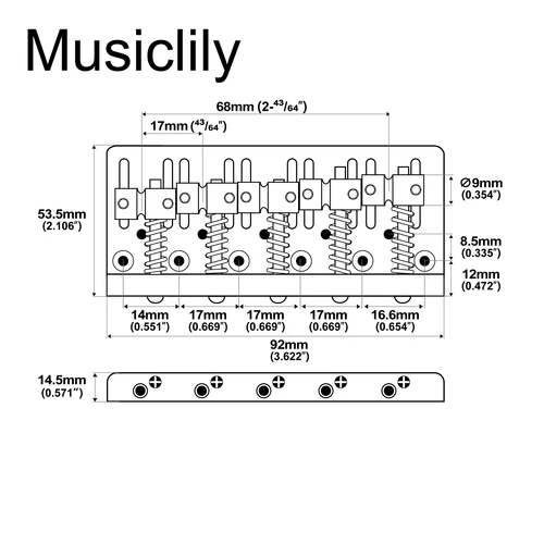 Imagen 2 del producto Musiclily Pro Puente de bajo de 5 cuerdas de alta resistencia con doble carga y espaciado de cuerdas de 17 mm con placa de acero de sillín de latón