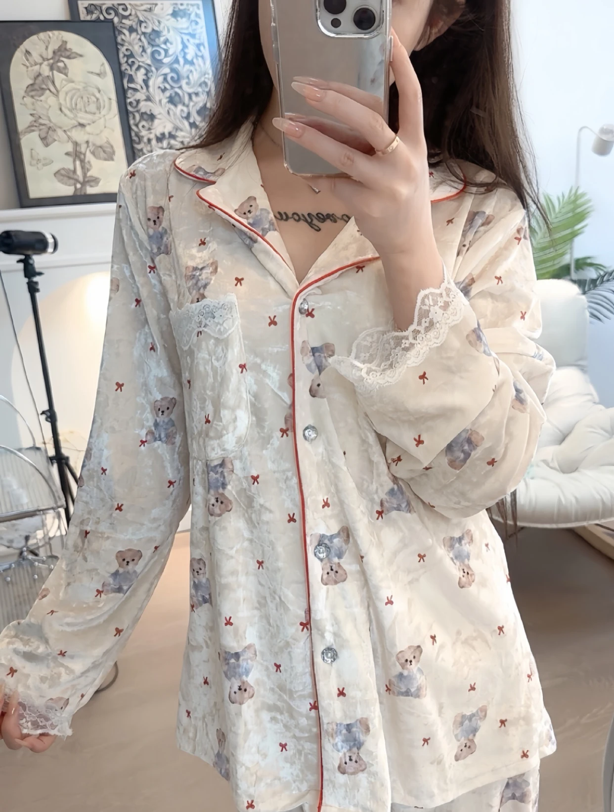 Pijamas femininos de sentido sênior estampados manga longa primavera e outono inverno roupas de casa quentes de luxo