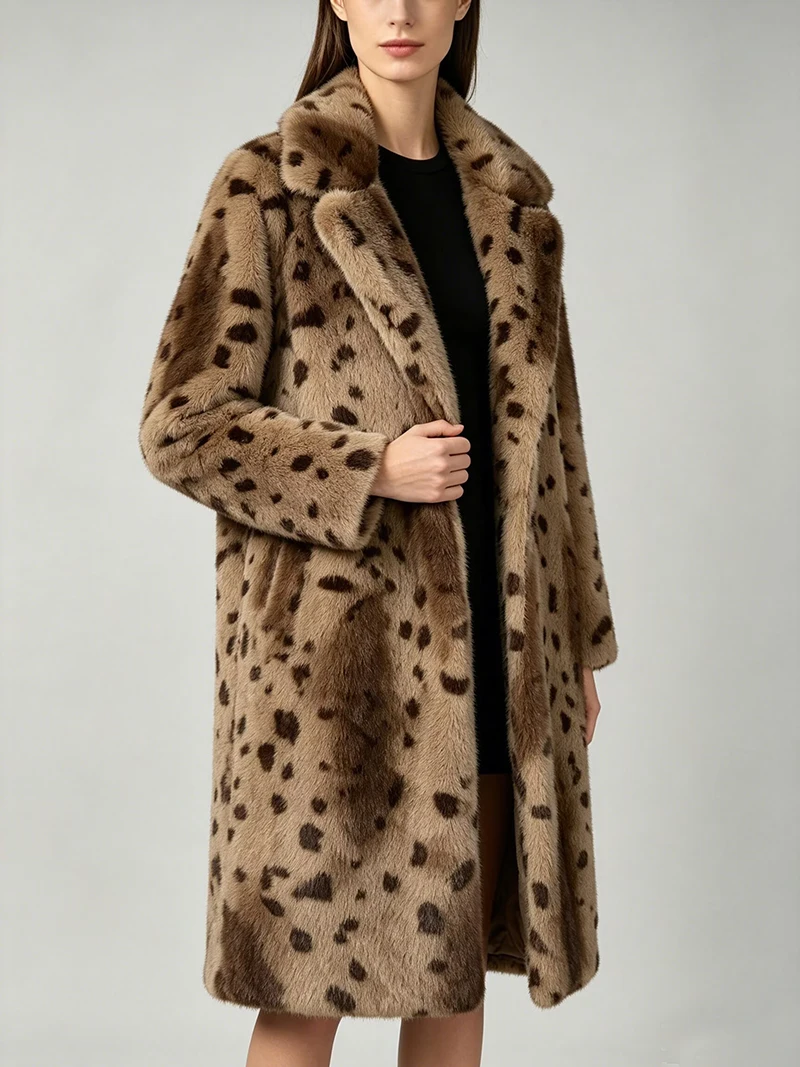 ZADORIN Winter Imitation Mink Coat Women Stylish Leopard Print Lapel Knee Length Long Furry Faux Fur Coats Plush Overcoat Jacket