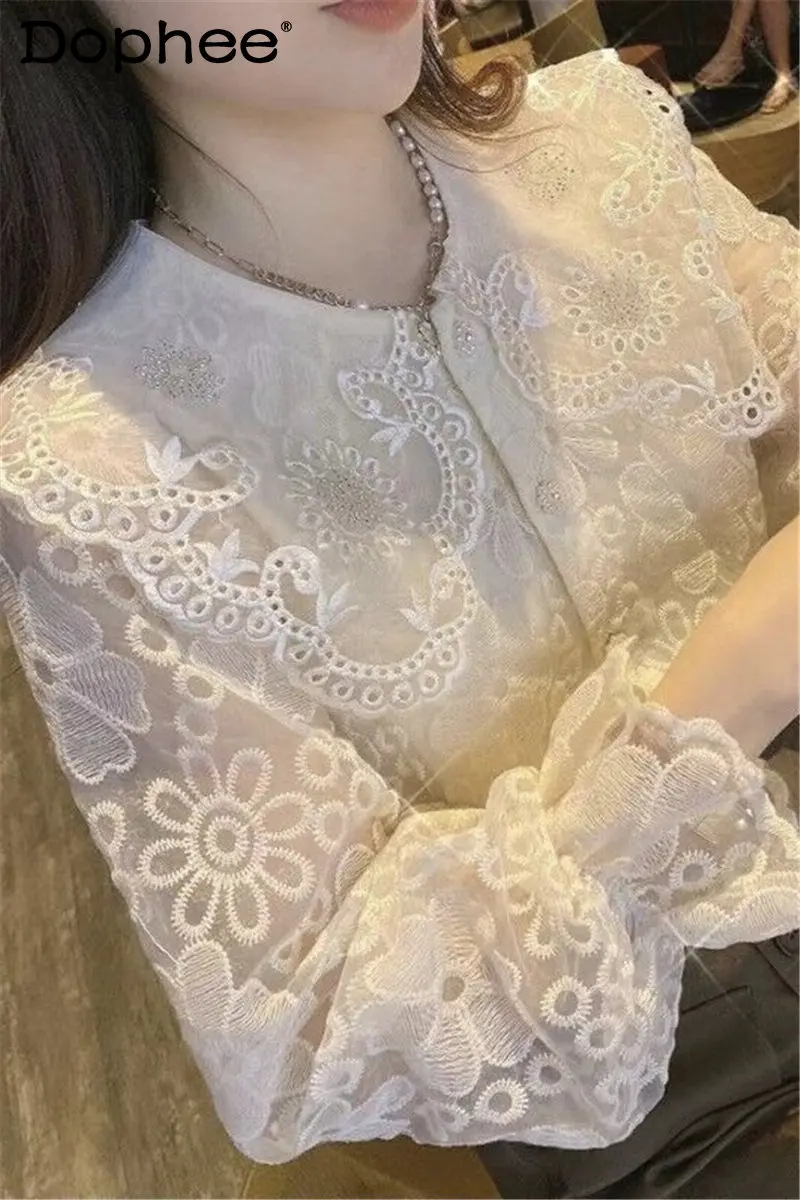 

2023 Spring Summer French Lace Print Solid Color Women Shirts Blouse Chic Doll Collar Retro Button Long Sleeve ShirtsTops Tide