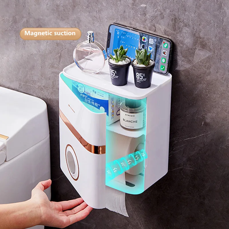 Wall Mount Toilet Paper Holder Waterproof Mobile Phone Storage Shelf Toilet Paper Storage Rack Tissue Bathroom Box Storage