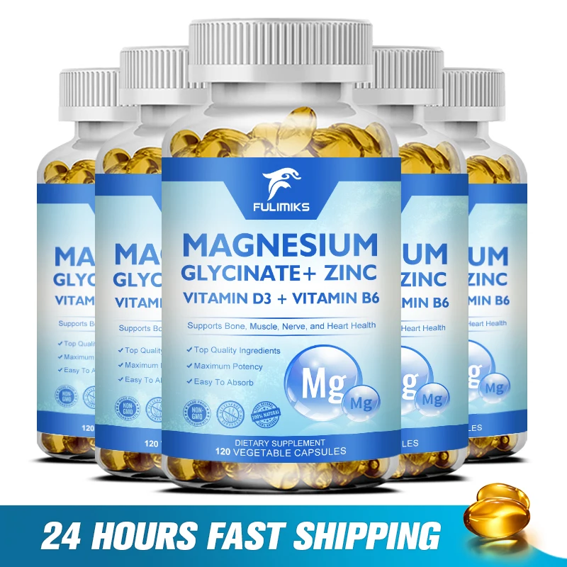 Magnesium Glycinate Capsules Supplement 500mg with Zinc,Vitamin D3 B6 High Absorption Support for Women & Men Non-GMO Veggie