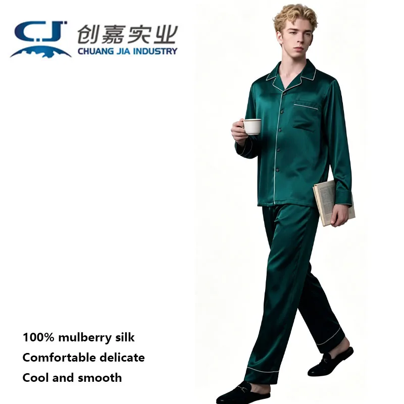 

100% Natural Silk Men's Suit Long Sleeve Pants 2 Pieces Black home Wear Comfortable Loose Large Size 5XL Pajamas Four Seasons