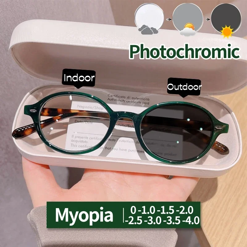 

Модные винтажные фотохромные очки для близорукости, женские овальные очки в маленькой оправе с минусом диоптрий, уличные солнцезащитные очки с изменением цвета