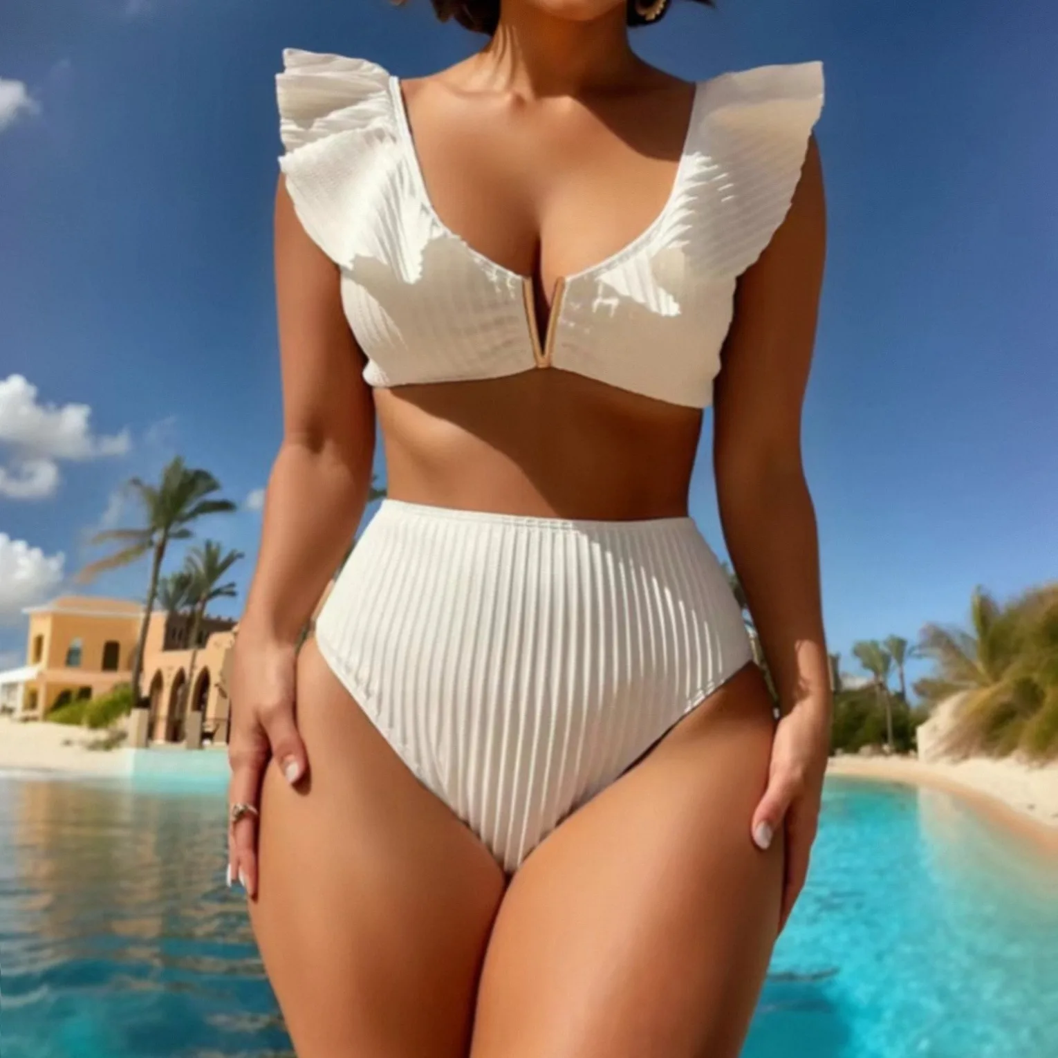 Sexy Ruffle V Cut Female Swimsuit High Waist Bikini Women Swimwear Two-pieces Bikini Set Bather Bathing Suit White Beach Wear