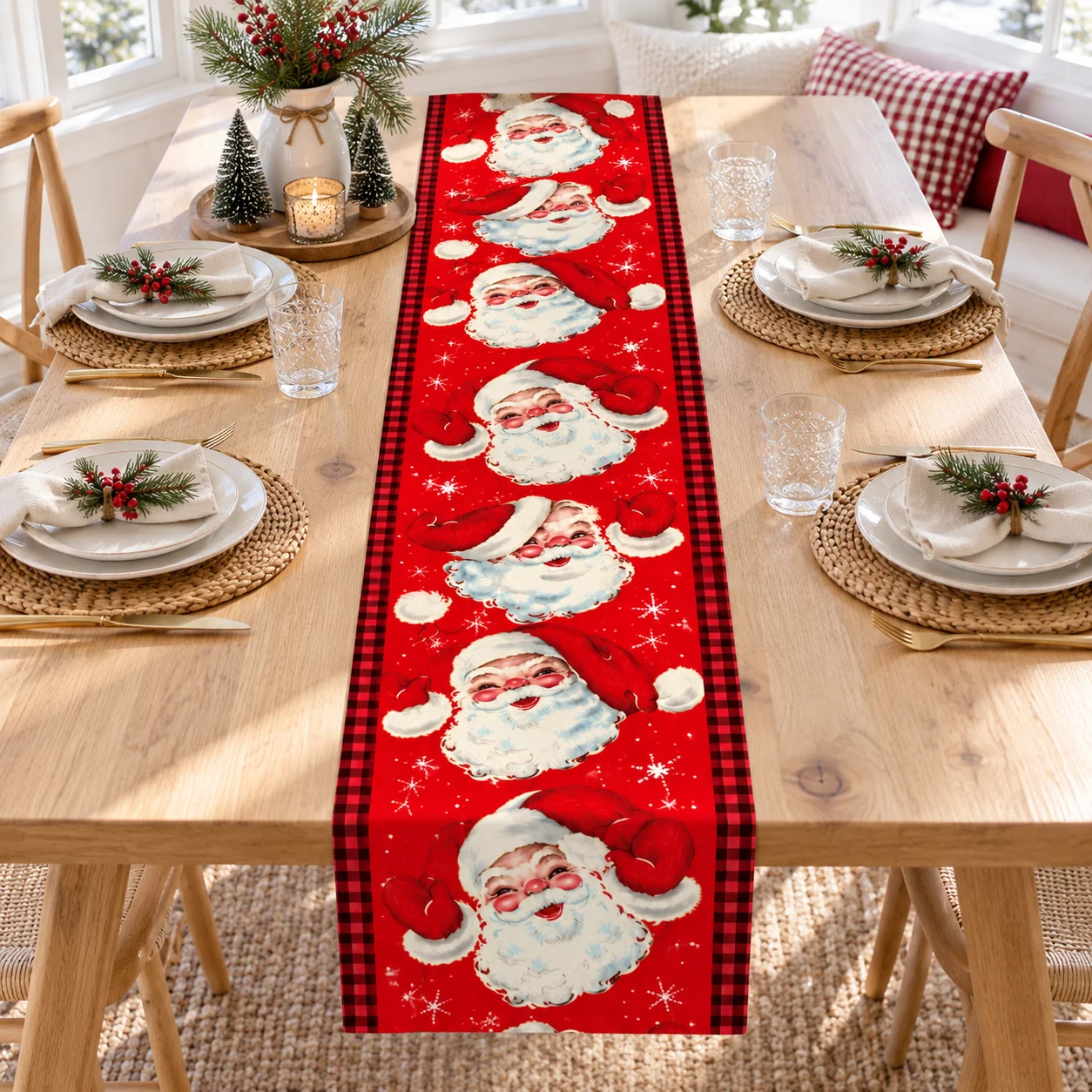 Christmas Table Runner, Black White Buffalo Check Santa Pattern Table Cover, Xmas Home Kitchen Table Decor, Holiday Party Gift