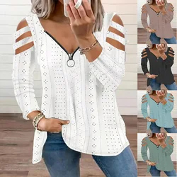 Autumn Women Long Sleeve V Neck T- Shirts Zipper Design Loose Tee Female Hollow Out Design Elegant Shirts For Women Pullover