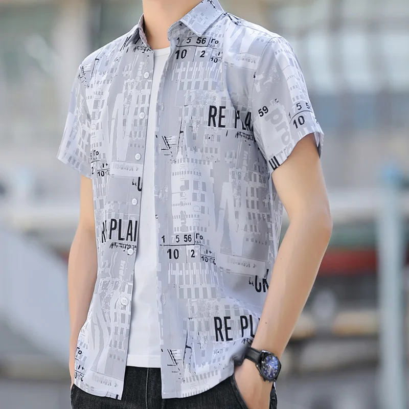 Men\'s Clothing Turn-down Collar Printing Summer Short Sleeve Button Contrast Color Cardigan Shirt Letter Casual Formal Tops