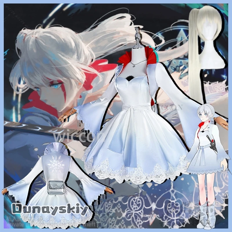 

Weiss Schnee Cosplay RWBY Anime Costume White To Blue Gradient Elegance Dress Lace Lolita Ponytail Wig Jirai Kei Halloween Girls