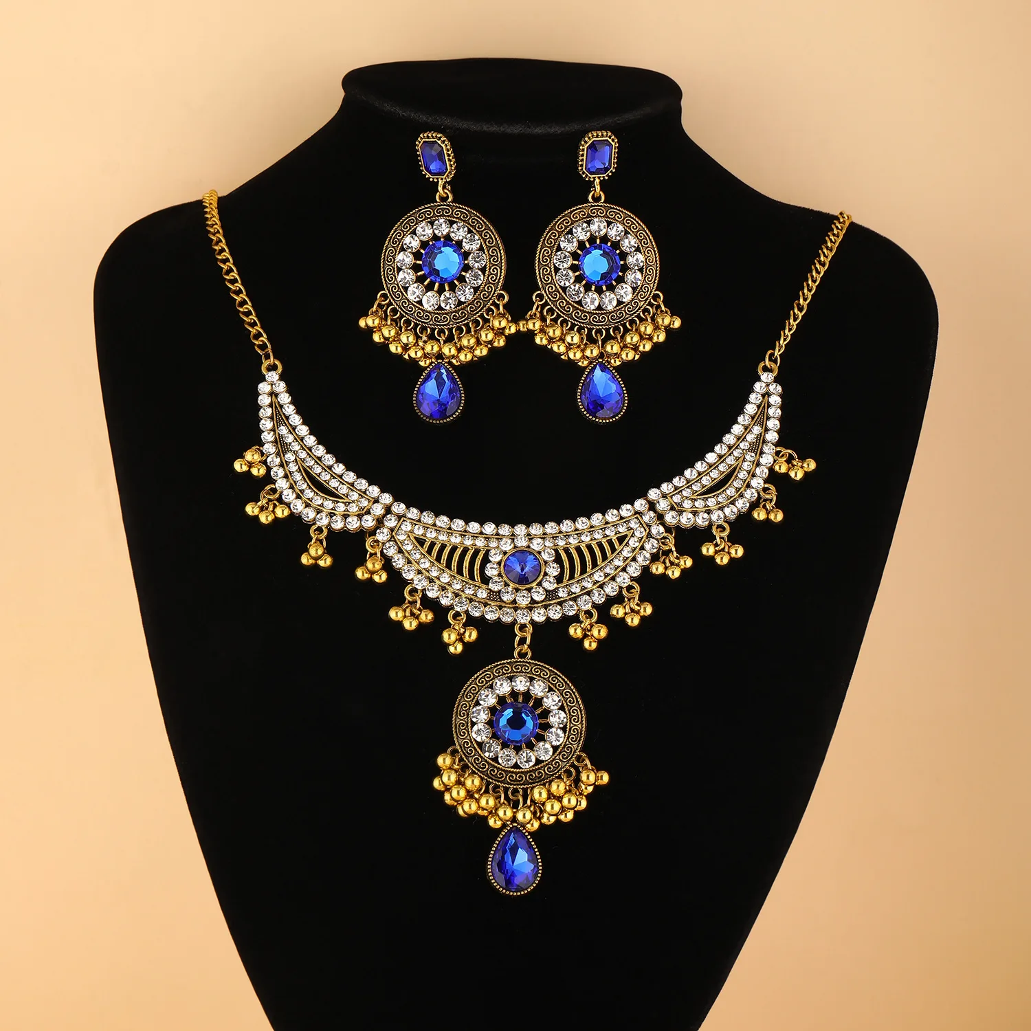 المجوهرات الهندية الرجعية البوهيمي العرقية نمط الفيروز اكسسوارات أنيقة المرأة قلادة أقراط طقم مجوهرات لهدية الحفلات #6