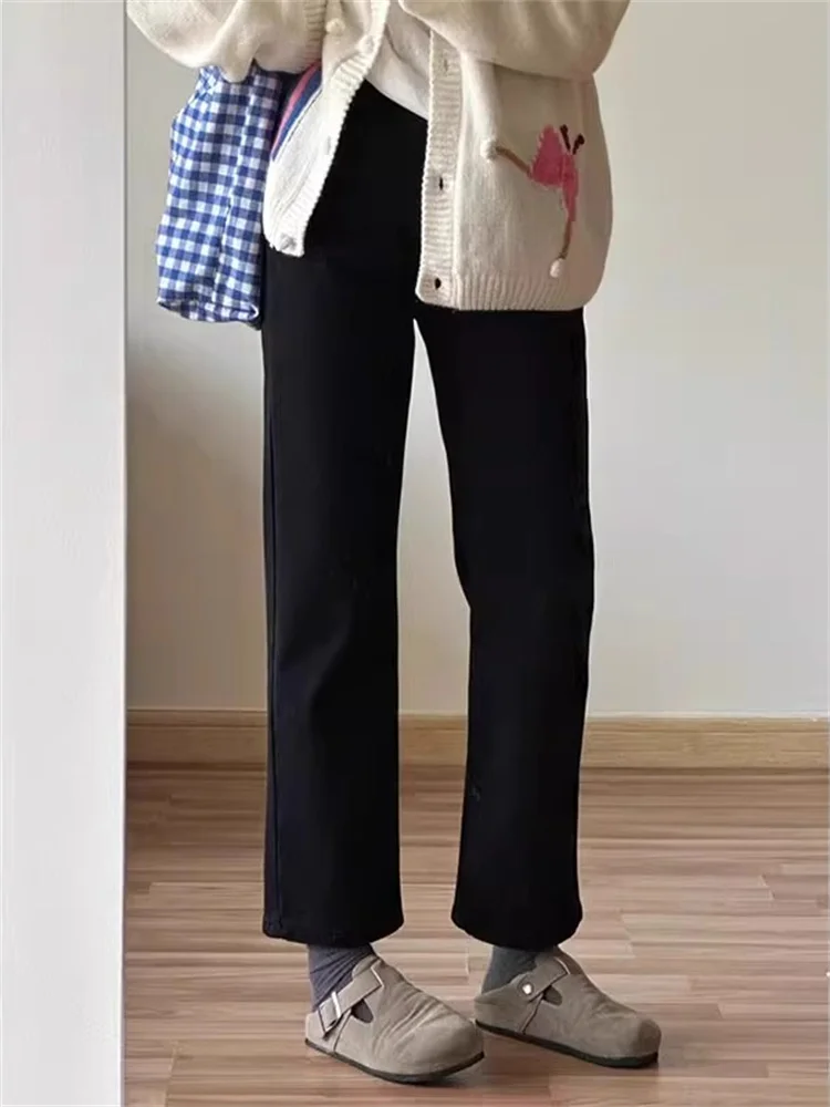 

Прямые джинсовые джинсы с высокой талией, женские осенние новые утягивающие брюки больших размеров, маленькие размеры, эластичные брюки с девятью точками для французского хлеба