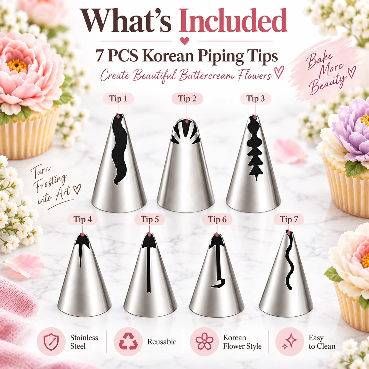 7PCS Korean Piping Tips Set Stainless Steel Flower Petal Nozzles for Buttercream Cake Decorating Home Pastry Baking Tools
