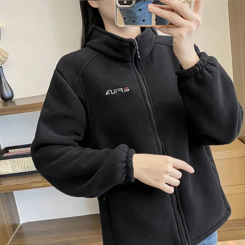 Women's Plush Velvet Thickened Sweatshirt Fleece Spring Autumn Outdoor Jacket Casual Warm Standing Collar Inner Lid