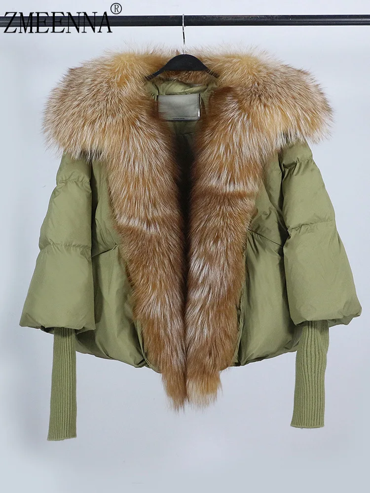 

ZMEENNA Womens Olive Green Down Jacket Oversized Fur Collar Crop Puffer Coat Winter Warm Knitted Cuff Short Outwear ZM4570