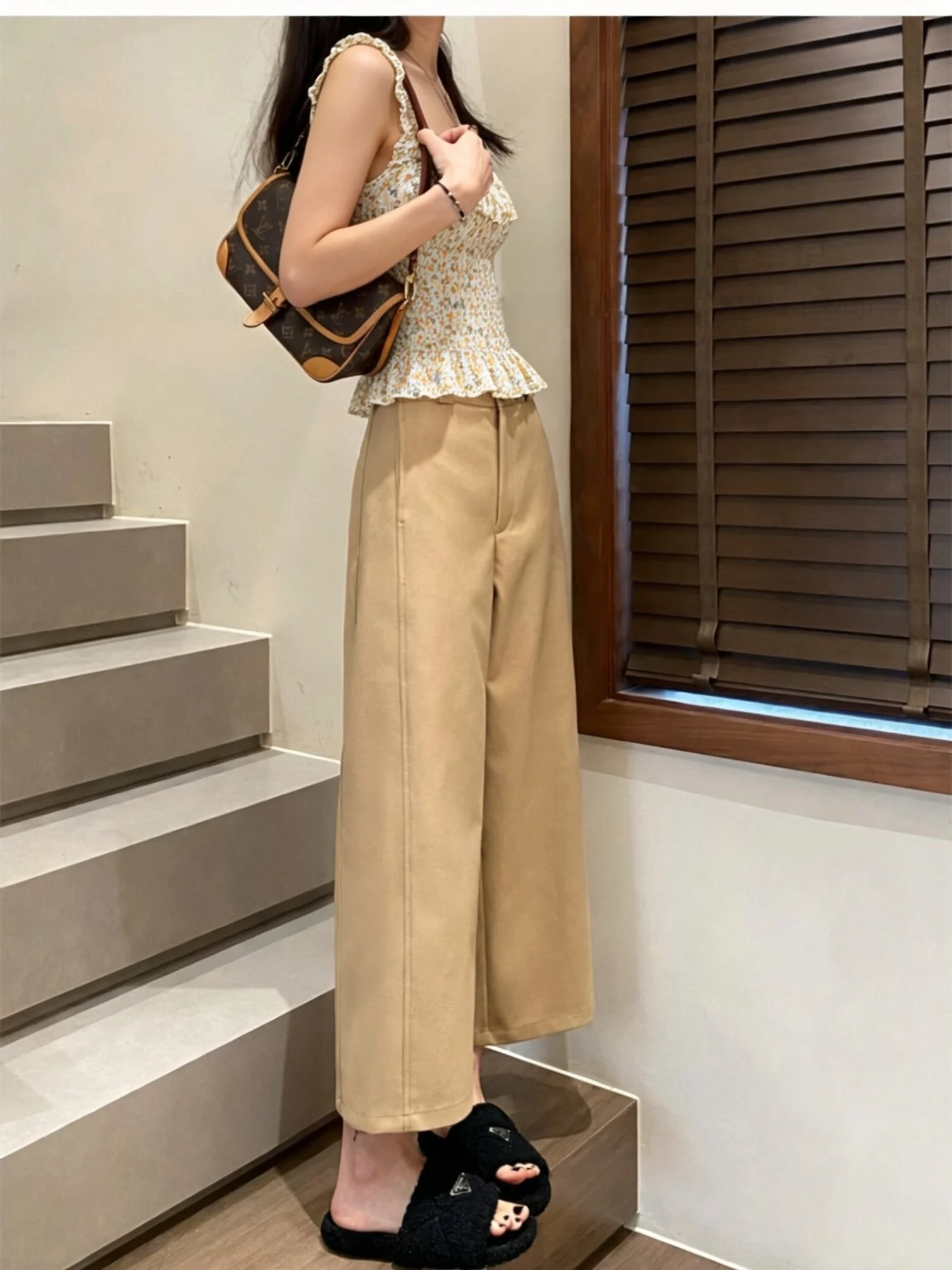 Khaki Wide Leg Pants High Waist Nine-Tenths Length Women's Spring Summer New Style Casual Classic Trousers Cotton 100%