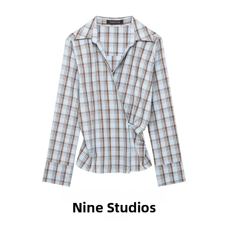 

NINE ZAR Women's Slim Fit Long Sve Plaid antung irt Double Button Waist-Cinching European Sle Faion Ladies' irt