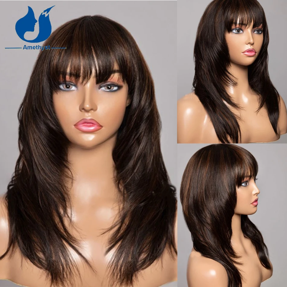 Amethys Brown Highlight Wavy Human Hair Wig with Bangs Full Machine Made Wig Scalp Top for Women Brazilian Remy Hair Layered Cut