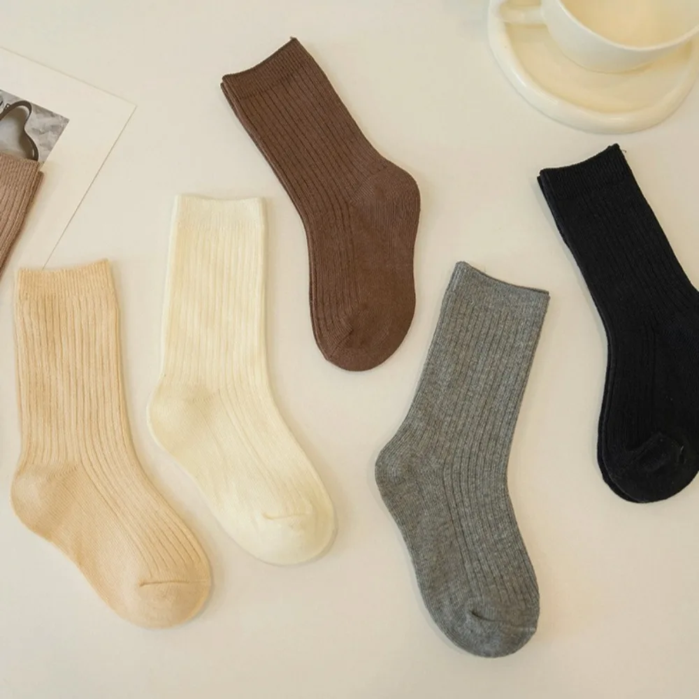 Kids Cotton Mid Calf Socks Korean Retro Coffee Soft Breathable Toddler Boys Girls Spring Autumn Daily School Matching Hosiery