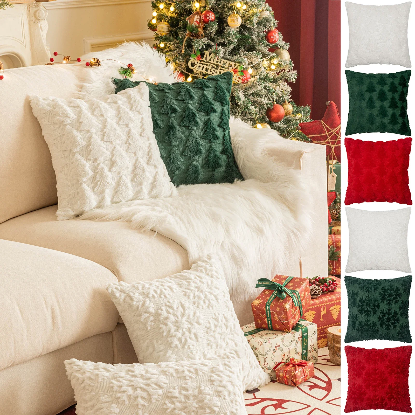 2 Pack Christmas Tree Square Throw Pillow Cases Snowflake Shaggy Plush PillowCases Embroidered Sofa Cushion Cover Home Decor