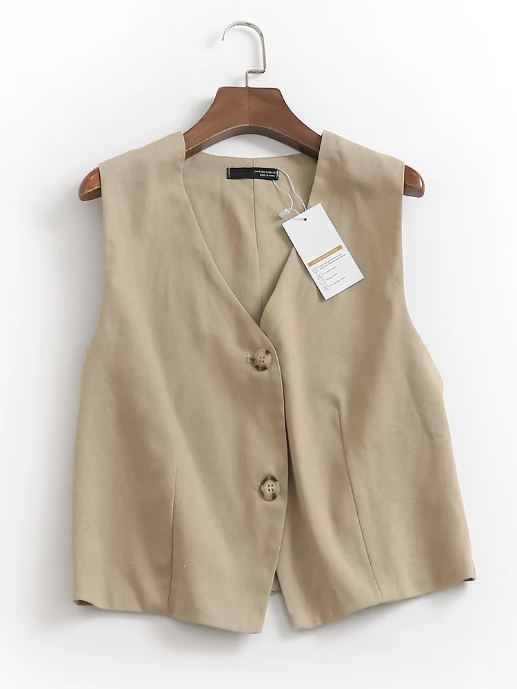 Women's Slim Fit Vintage Style Short Sleeveless Vest Top Outerwear Faux Wrap Design Polyester Fiber V-Neck Button Detail