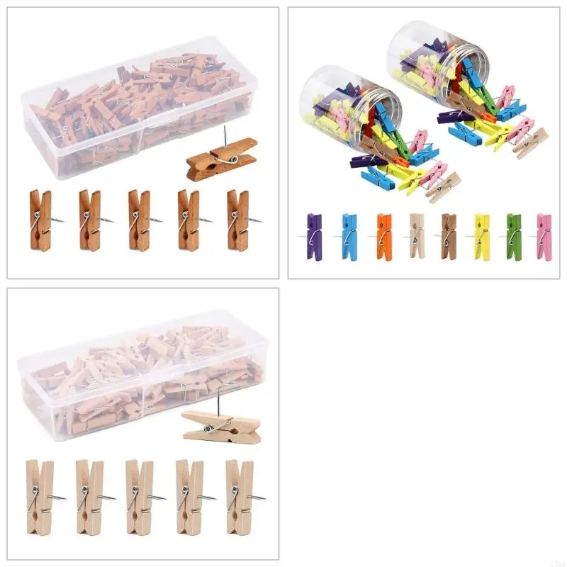 U75B 80/90PCS Wood Push Pin Clip for Cork Board, Decorative Pushpins with Clip Thumb Tacks for Notes Photos, Bulletin Board