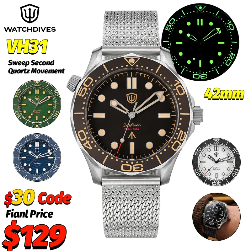 Watchdives WD007Q Luxury Titanium Watch 007 NTTD VH31 Sweep Quartz Wristwatches AR Sapphire 200M Waterproof 42Mm Vintage Watches